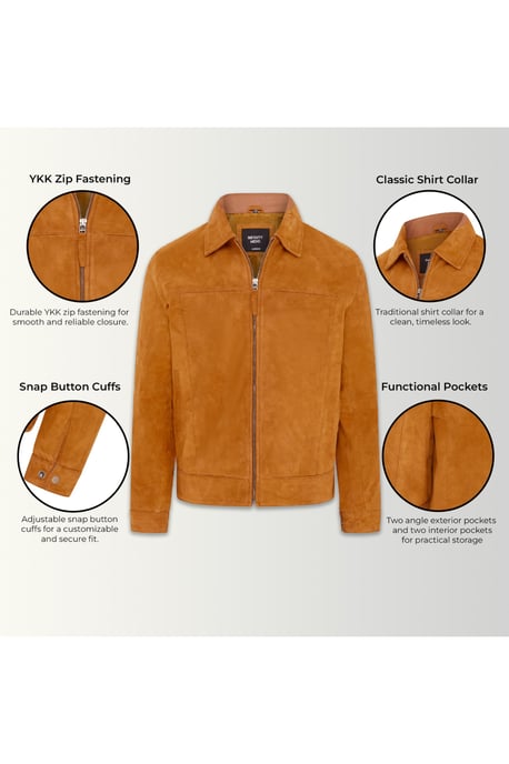 Mens Tan Goat Suede Leather Harrington Biker Jacket - Ridge - Image 4