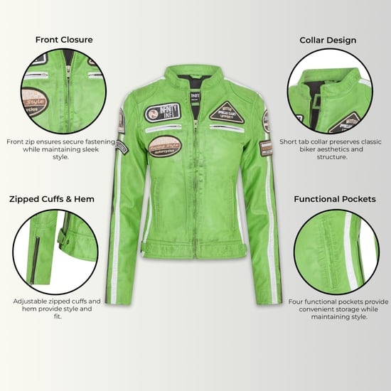 Womens Biker Racing Badges Green Leather Jacket-Eastleigh - Image 2