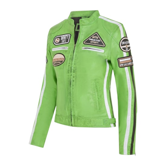 Womens Biker Racing Badges Green Leather Jacket-Eastleigh - Image 3