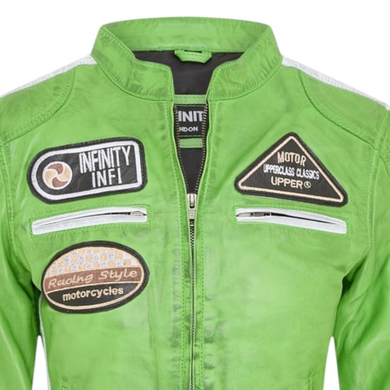 Womens Biker Racing Badges Green Leather Jacket-Eastleigh - Image 5