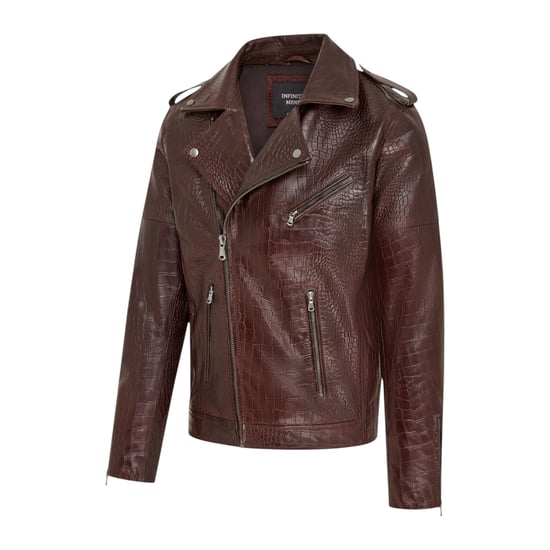 Mens Brown Cow Leather Alligator Print Embossed Biker Jacket - Cologne - Image 4