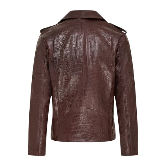 Mens Brown Cow Leather Alligator Print Embossed Biker Jacket - Cologne - Image 5