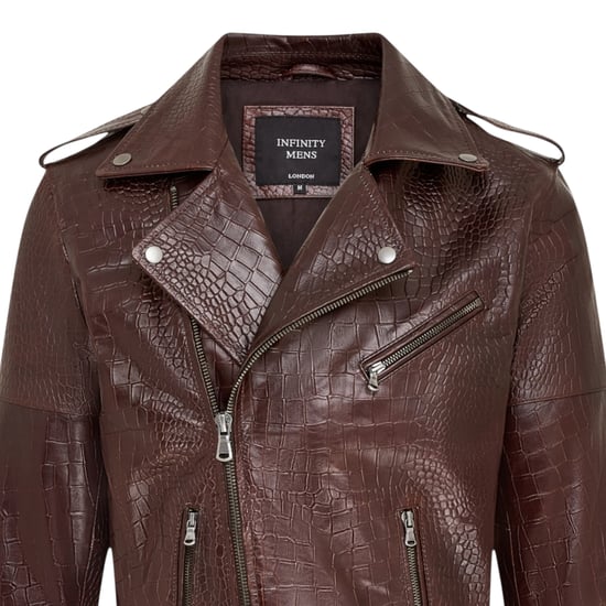 Mens Brown Cow Leather Alligator Print Embossed Biker Jacket - Cologne - Image 6