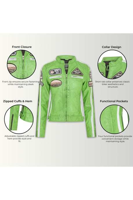 Dames Biker Racing Badges Groen Leren Jas-Esdoorn - Image 4