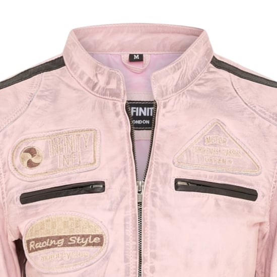 Dames Biker Racing Badges Roze Leren Jas-Incheon - Image 6