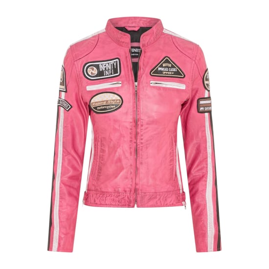 Damer Biker Racing Emblems Fuchsia-skinnjacka – Incheon - Image 2