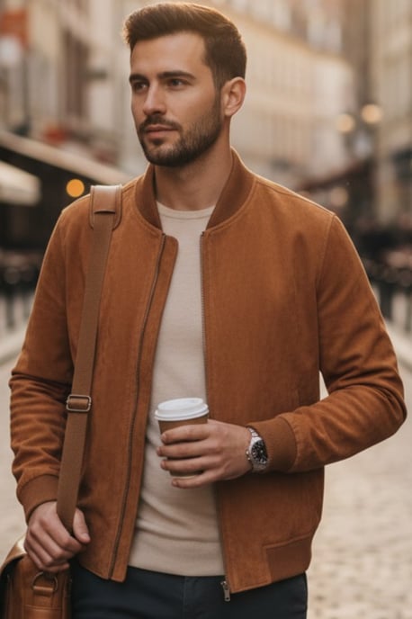 Mens Tan Goat Suede MA-1 Bomber Jack-North - Image 1
