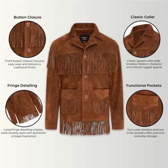 Herrarnas retro beige cowboymocka läderfransjacka - Western - Image 2