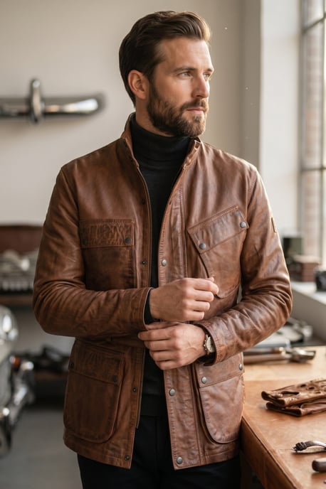 Heren Tan Lam Leren Safari Parka Jas - Haven - Image 1