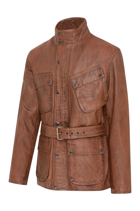 Heren Tan Lam Leren Safari Parka Jas - Haven - Image 3