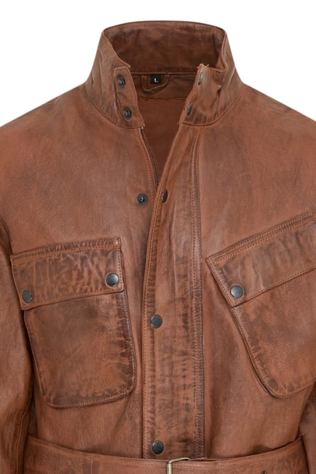 Heren Tan Lam Leren Safari Parka Jas - Haven - Image 6