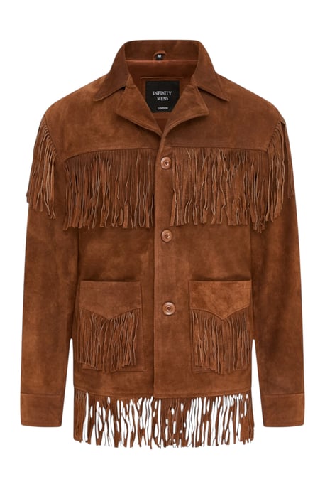 Heren Western Retro Tan Cowboy Suède Leren Fringe Jas - Karmozijnrood - Image 2