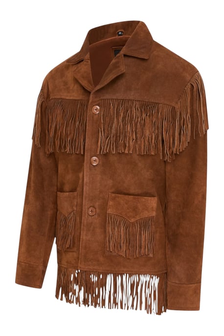 Heren Western Retro Tan Cowboy Suède Leren Fringe Jas - Karmozijnrood - Image 3