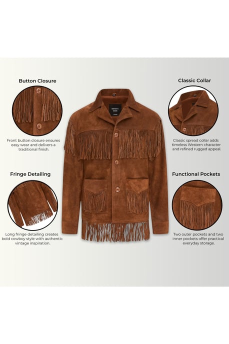 Heren Western Retro Tan Cowboy Suède Leren Fringe Jas - Karmozijnrood - Image 4
