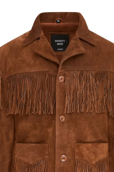 Heren Western Retro Tan Cowboy Suède Leren Fringe Jas - Karmozijnrood - Image 6