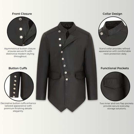 Mens Black Leather Mandarin Military Assymetrical Jacket - Lucifer - Image 2