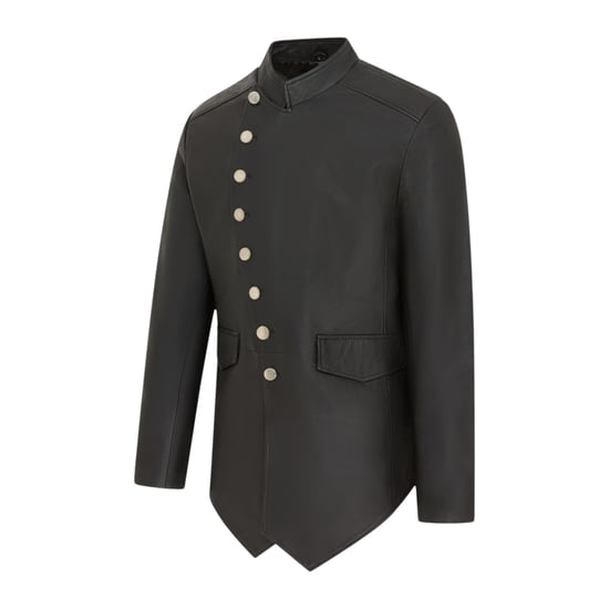 Mens Black Leather Mandarin Military Assymetrical Jacket - Lucifer - Image 3