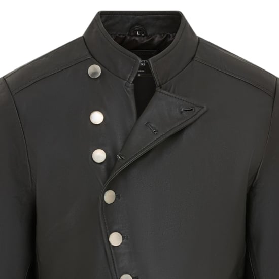 Mens Black Leather Mandarin Military Assymetrical Jacket - Lucifer - Image 5