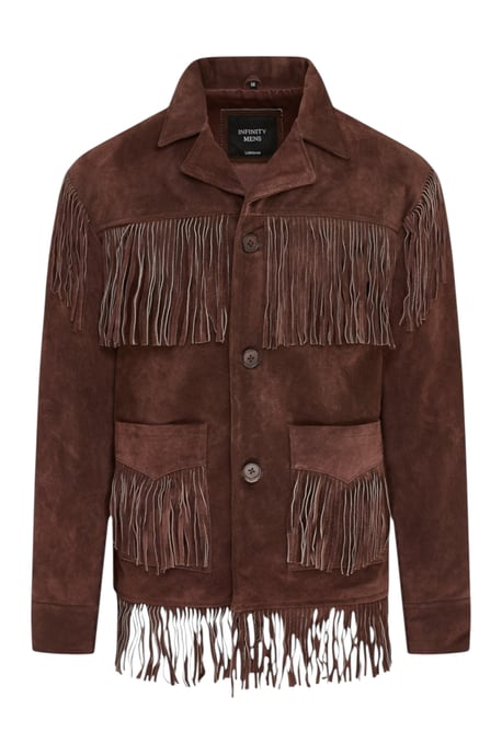 Heren Western Retro Brown Cowboy Suède Leren Fringe Jas - Karmozijnrood - Image 2