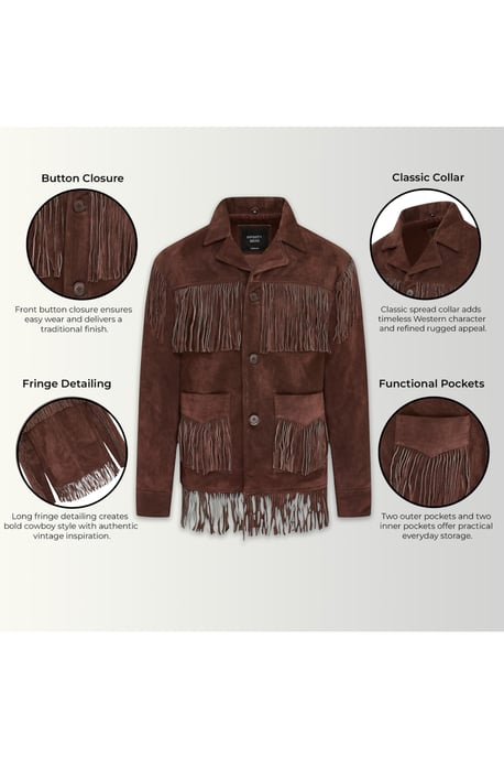 Heren Western Retro Brown Cowboy Suède Leren Fringe Jas - Karmozijnrood - Image 4