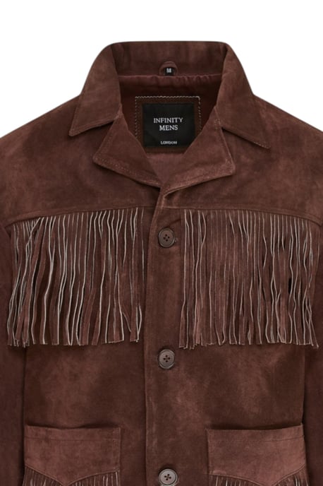 Heren Western Retro Brown Cowboy Suède Leren Fringe Jas - Karmozijnrood - Image 6