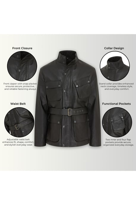 Heren Zwarte Lamsleren Safari Parka Jas - Haven - Image 4