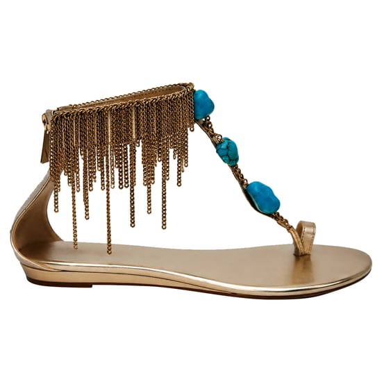 Jimmy Choo Fringed Chain Accent Flat Sandals in Gold Leather - Image 1