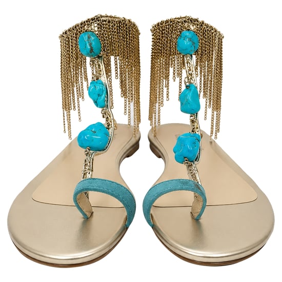 Jimmy Choo Fringed Chain Accent Flat Sandals in Gold Leather - Image 2