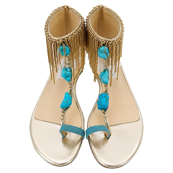 Jimmy Choo Fringed Chain Accent Flat Sandals in Gold Leather - Image 4