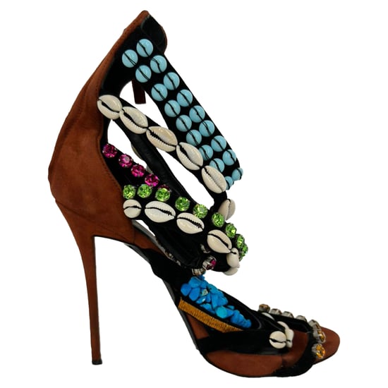 Giuseppe Zanotti Seashell, Rhinestone and Bead Embellished Sandals in Brown Suede - Image 1