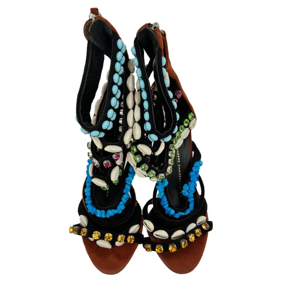 Giuseppe Zanotti Seashell, Rhinestone and Bead Embellished Sandals in Brown Suede - Image 3