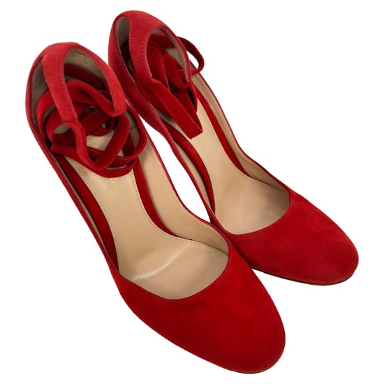 Gianvito Rossi Round-Toe Strappy Pumps in Red Suede - Image 5
