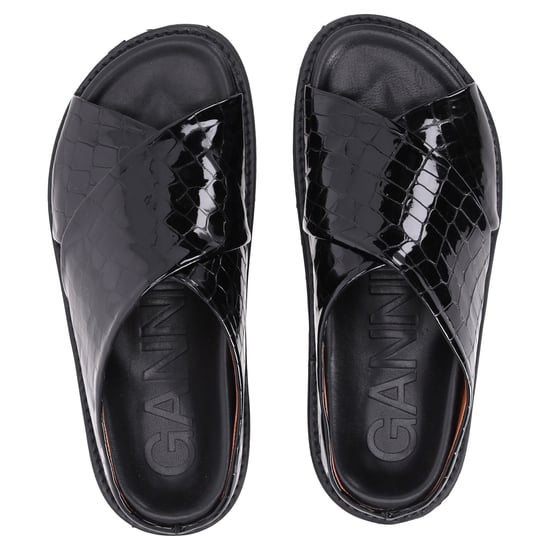 Ganni Krokodilmönstrade Slip-in Sandaler i Svart Lackerat Kalvskinn - Image 5