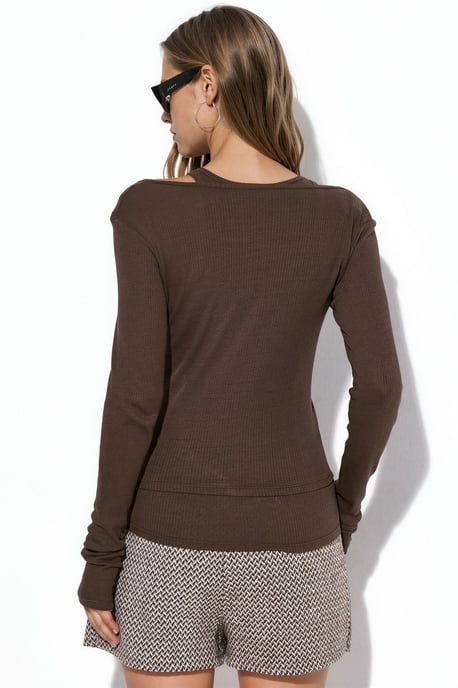 Geribbelde U-Kraag Blouse met Lange Mouwen - Image 3