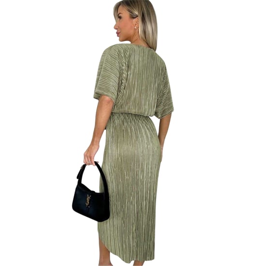 AX Paris Midi-jurk met plissé, strikceintuur en korte mouwen voor dames (Licht Khaki) - Image 2