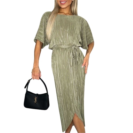 AX Paris Midi-jurk met plissé, strikceintuur en korte mouwen voor dames (Licht Khaki) - Image 3