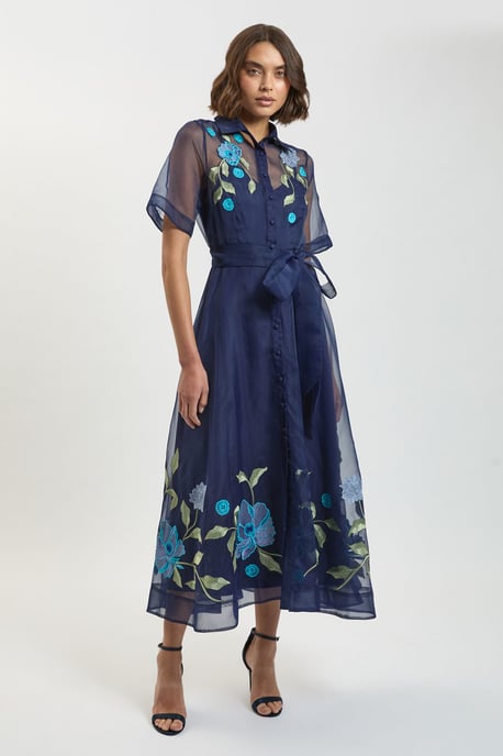 Embroidered Detail Organdie Belted Shirt Dress - Image 1