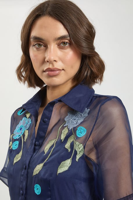 Embroidered Detail Organdie Belted Shirt Dress - Image 4