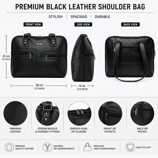 Women’s Black Leather Shoulder Bag Soft Handbag - Image 5
