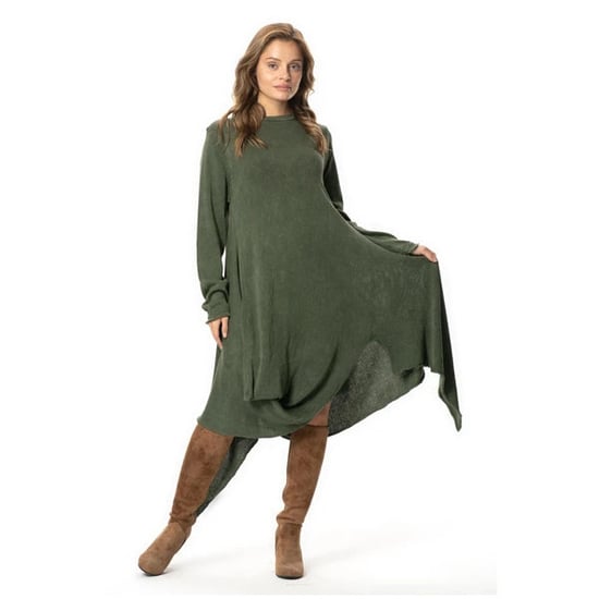 Nguo ya Handan Long Sleeve Isiyo na Ulinganifu ya Kukata Vuli na Baridi ya Midi yenye Urefu wa Midi Iliyounganishwa Khaki HK - Image 3