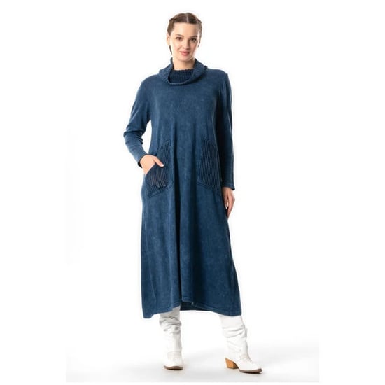 Gauni la Kushona la Sevda lenye Mikono Mirefu la Turtleneck la Msimu wa Vuli na Baridi lenye Mifuko ya Indigo Indigo - Image 1