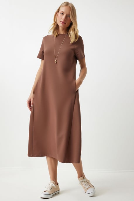 Midi Dress with Short Sleeves and Crew Neck - Image 3