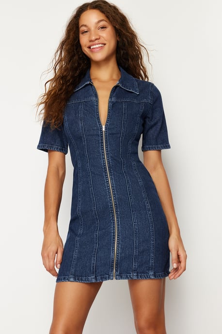 Damesjurken Blau Unifarben Mini Short Casual Fitted - Image 2