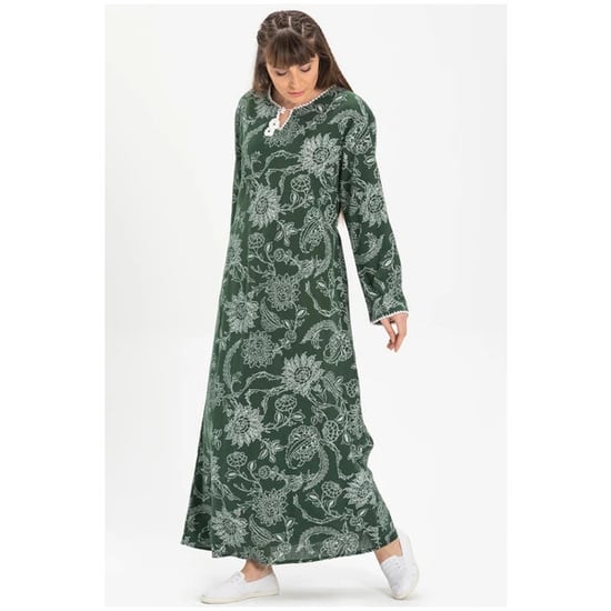 Gauni refu la Kiangazi lenye mikono mirefu lenye ukubwa wa Şile lenye kitambaa cha Şile lenye muundo wa kijani wa mti wa Plane Tree Pattern YSL - Image 4