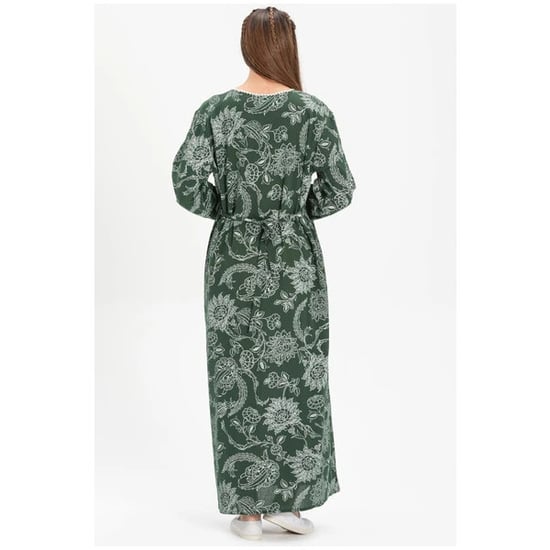 Gauni refu la Kiangazi lenye mikono mirefu lenye ukubwa wa Şile lenye kitambaa cha Şile lenye muundo wa kijani wa mti wa Plane Tree Pattern YSL - Image 5