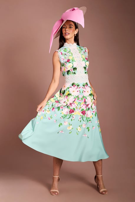 Lisa Tan Lace Trim Placement Print Midi Dress - Image 1