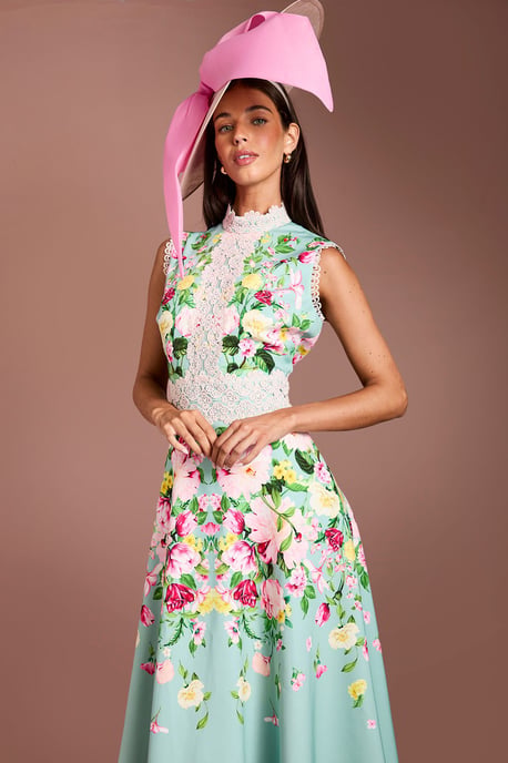 Lisa Tan Lace Trim Placement Print Midi Dress - Image 2