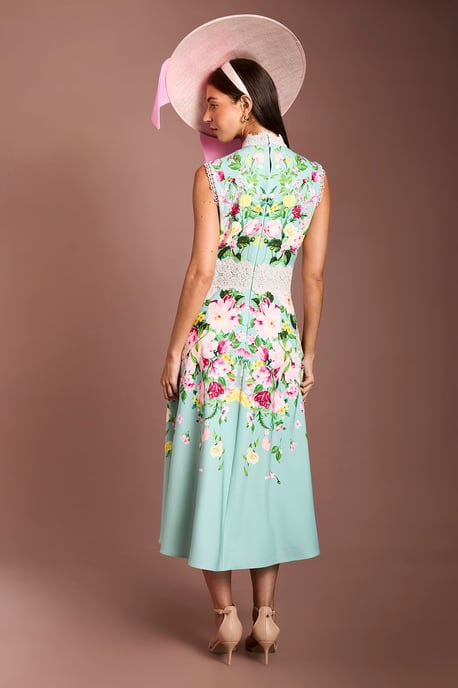 Lisa Tan Lace Trim Placement Print Midi Dress - Image 3