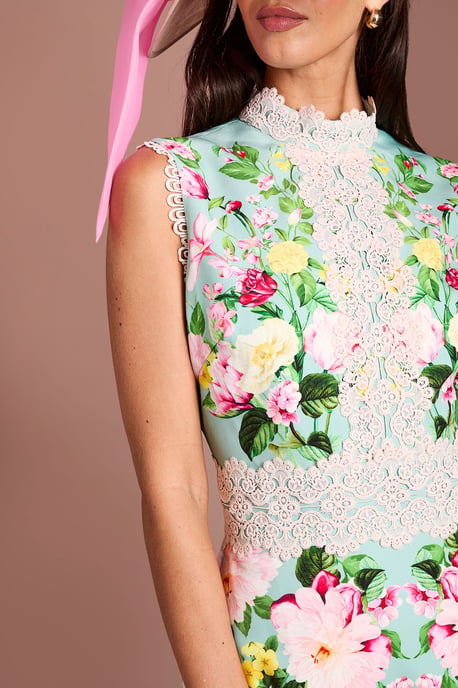 Lisa Tan Lace Trim Placement Print Midi Dress - Image 4