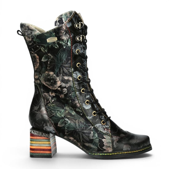 Laura Vita Goth Victoriaans Bloemen Zwart Leren Hoge Veterlaarzen - Ibcano-15 - Image 1